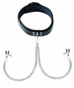 Leather Collar With Broad Tip Nipple Clamps - Black